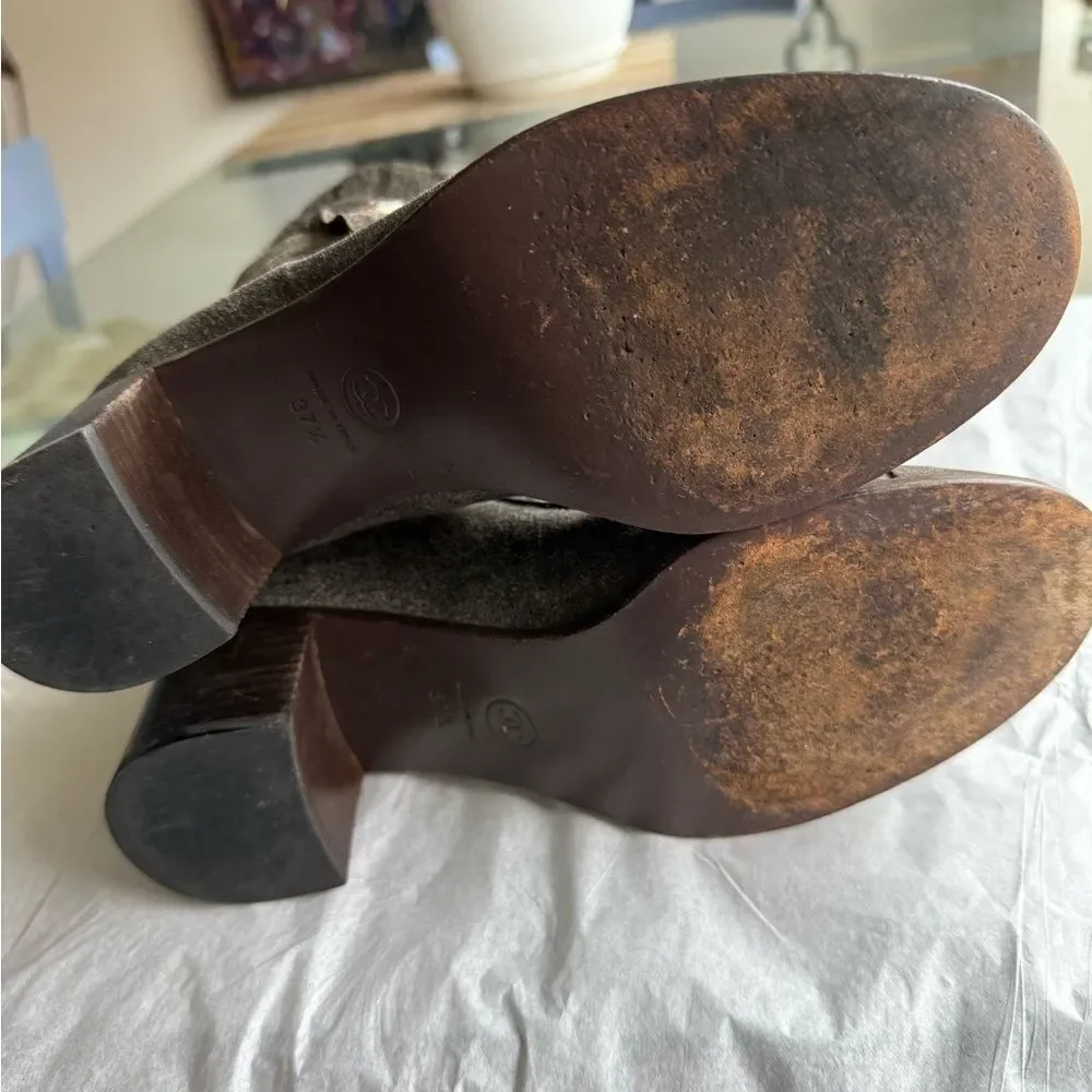 Chanel Women’s Gray Distressed Suede Leather Ankle Boots with CC Logo Buttons.